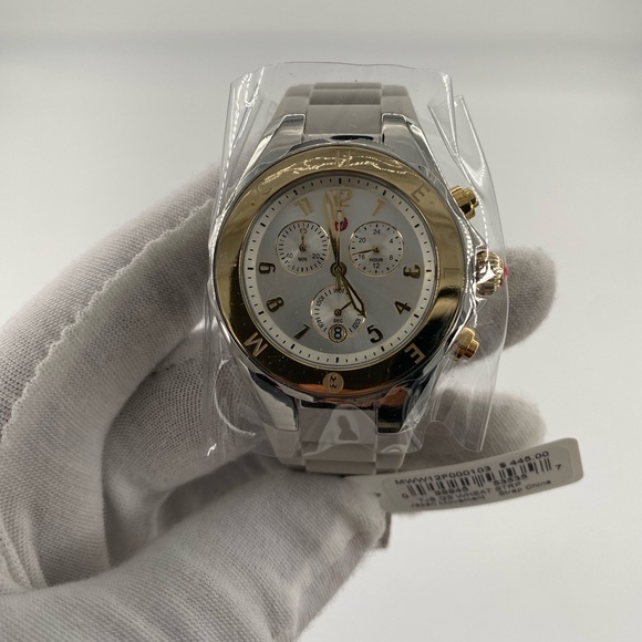 MICHELE Silver Dial Wheat Silicone Strap Ladies 38mm Jellybean Chronograph Watch - Picture 4 of 9